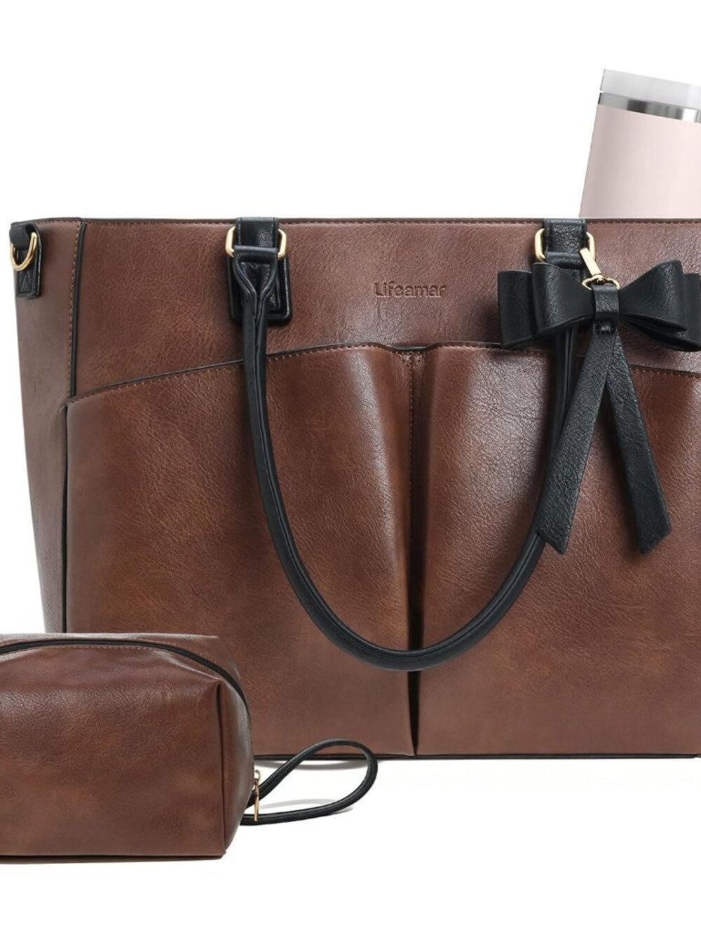 Laptop Tote Bag for Women, Leather Work Tote Bags with Large Cup Holder, Teacher
